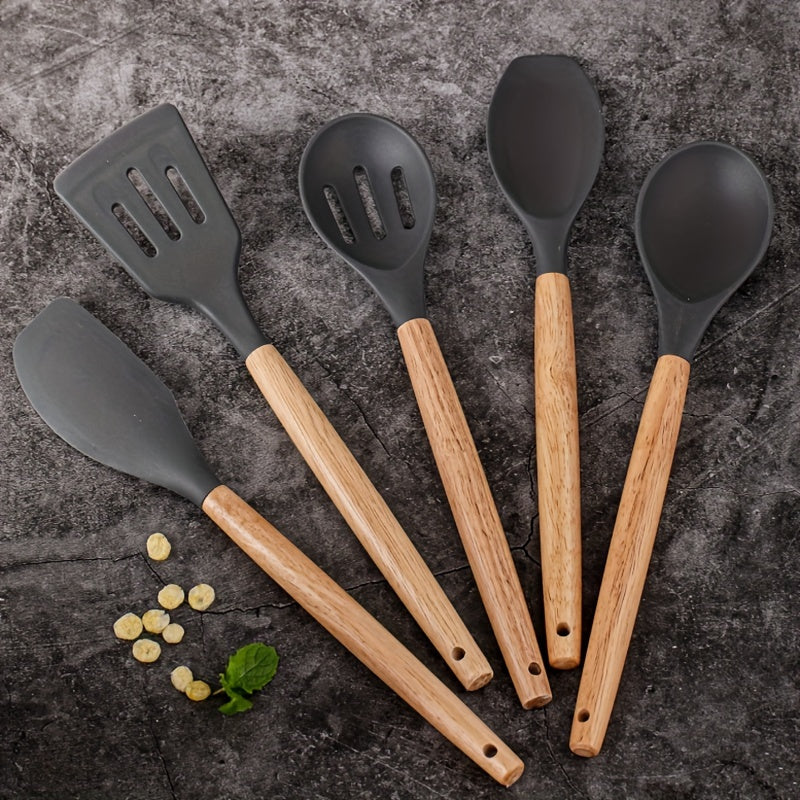 Set of 5 Silicone Kitchen Utensils with Wooden Handles, Non-Stick Cookware, Food-Safe, Easy to Clean Modern Cooking Tools, Must-Have Kitchen Accessories