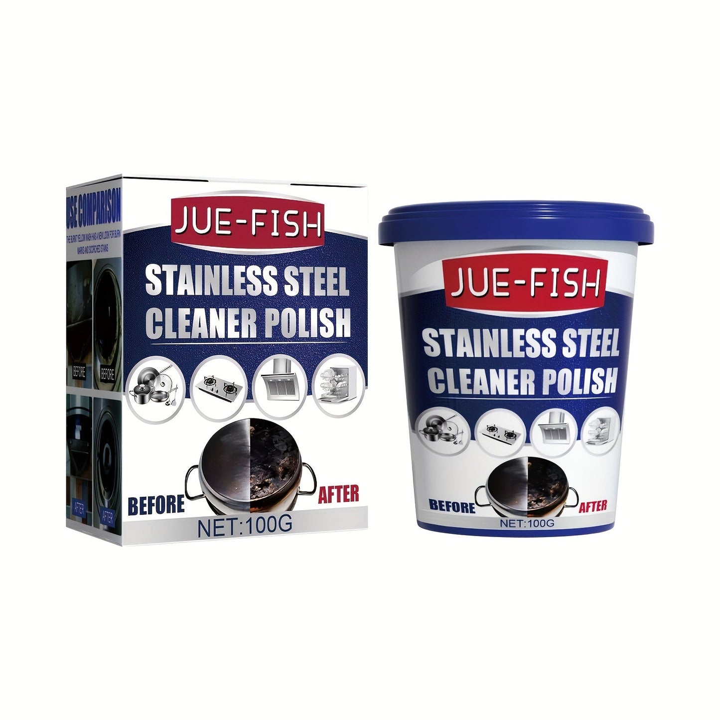 Try our JUE-FISH Stainless Steel Cleaner Polish in a 100g size. This Metal Surface Restorer is perfect for pots and pans, leaving a residue-free shine. Our Kitchen Degreaser contains Citral and is safe to use on food contact surfaces.