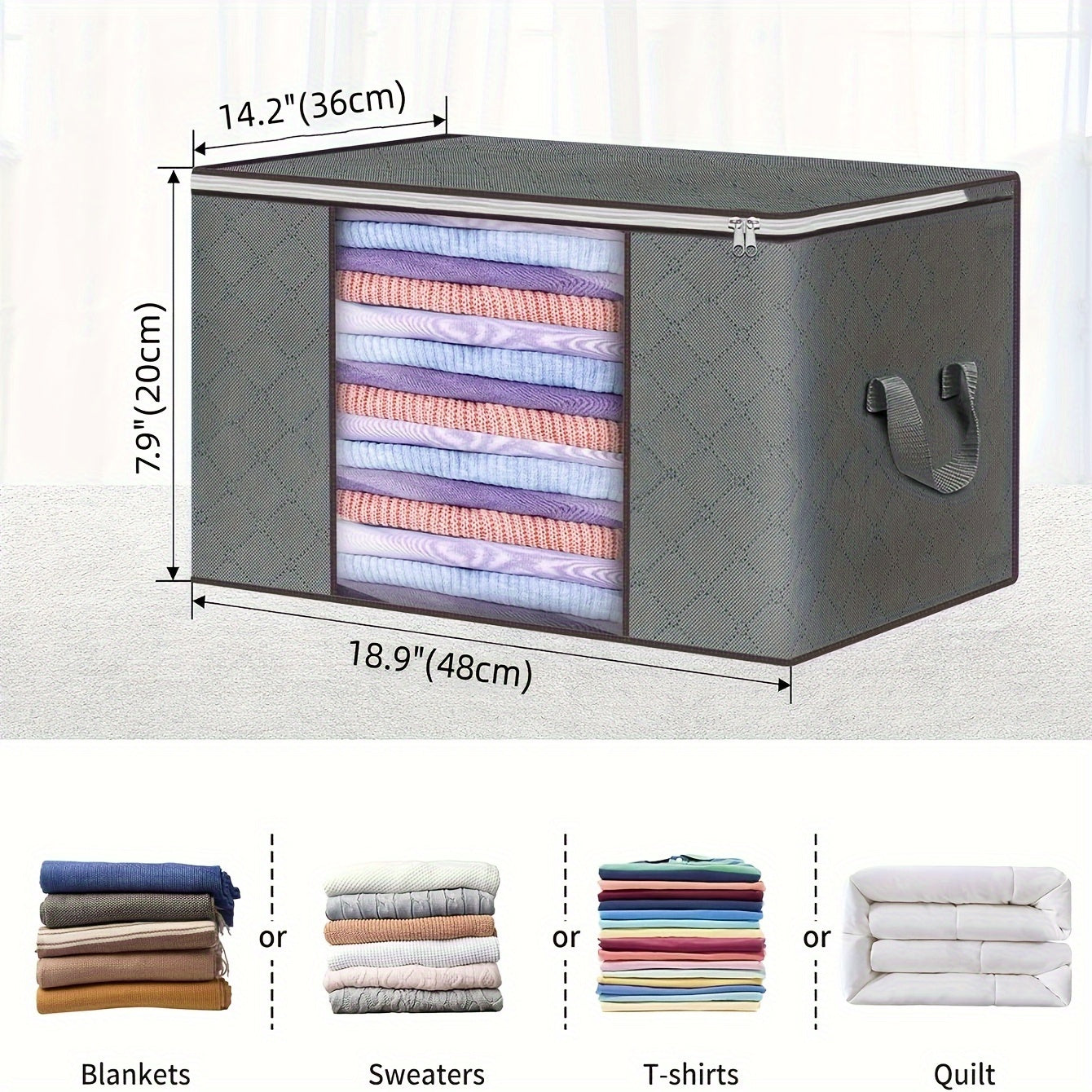 Storage bag set includes 3 of 6 pieces. Each bag is foldable and features a reinforced handle for easy transport. Clear transparent windows allow for easy identification of contents. Perfect for organizing and storing towels, quilts, blankets, bedding