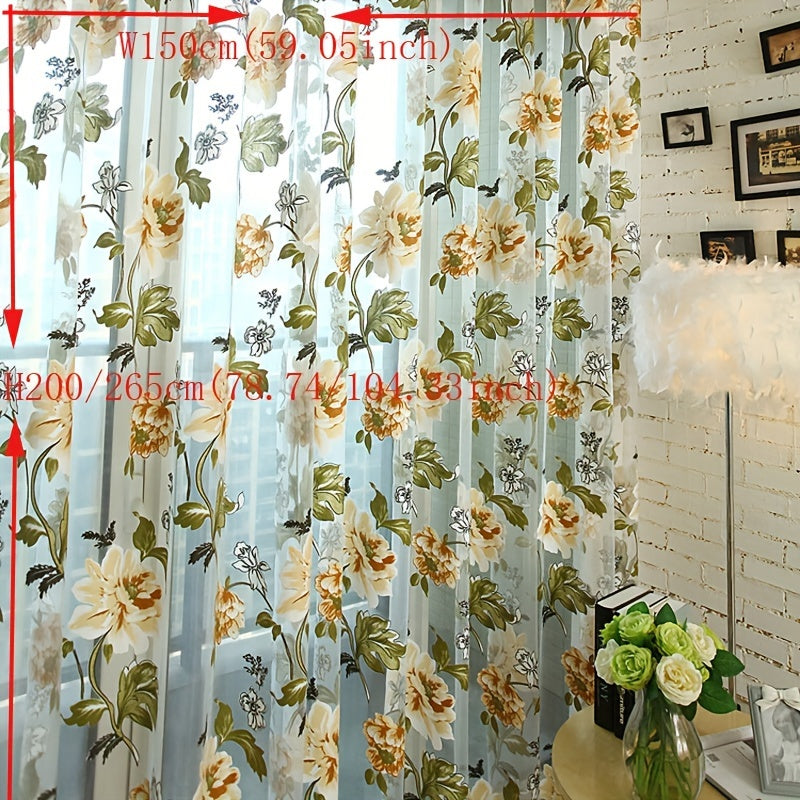 Beautiful Floral Tulle Sheer Curtain Panel - Made of Lightweight Polyester, Features Rod Pocket Design, Stunning Purple & Yellow Flowers Pattern Perfect for Living Room Decor, Enhances Natural Light in the Room| Includes Rod Pocket Valance|Crafted with