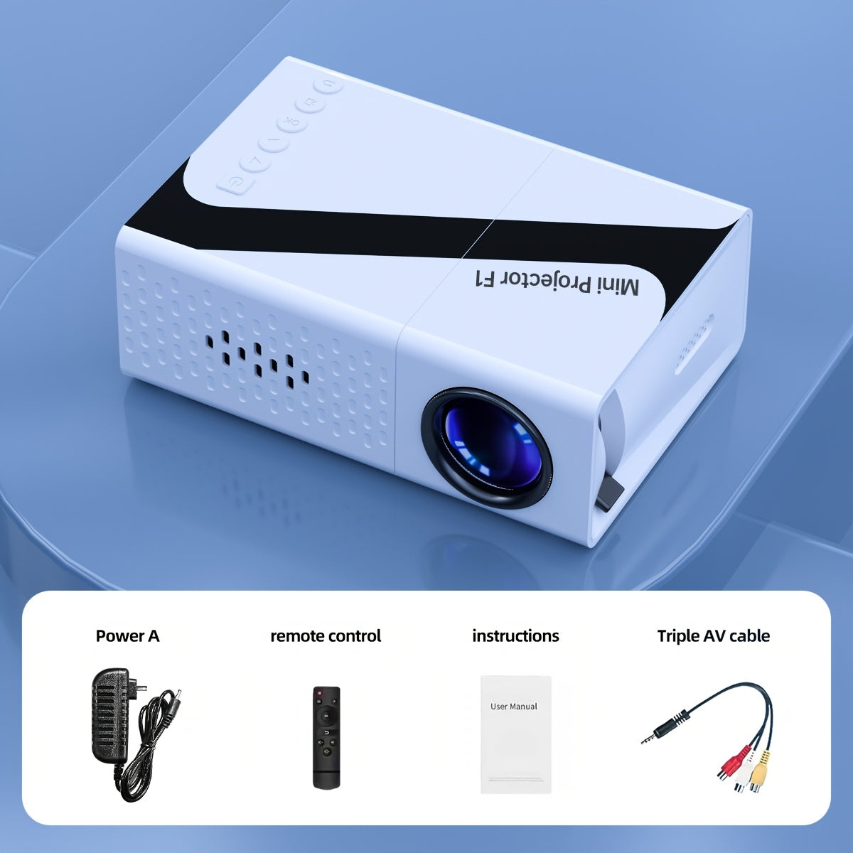 Compact EU Plug projector suitable for home cinema, outdoor, and office use. Compatible with USB, HDTV, AV, IOS, Android, and more.