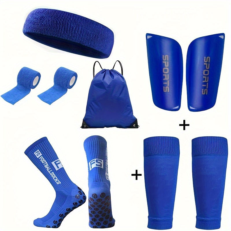 FS Sports 6-piece set for men and women includes non-slip socks, calf sleeves, drawstring backpack, headband, sports tape, and leg sleeves. Perfect for soccer, yoga, and outdoor activities.