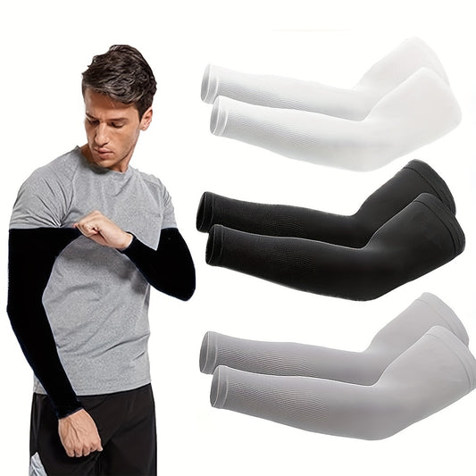 3 pairs of cooling arm sleeves made of ice fabric for sports and daily use, providing breathable, stretchable, quick-drying, and sun protection for summer activities and cycling.