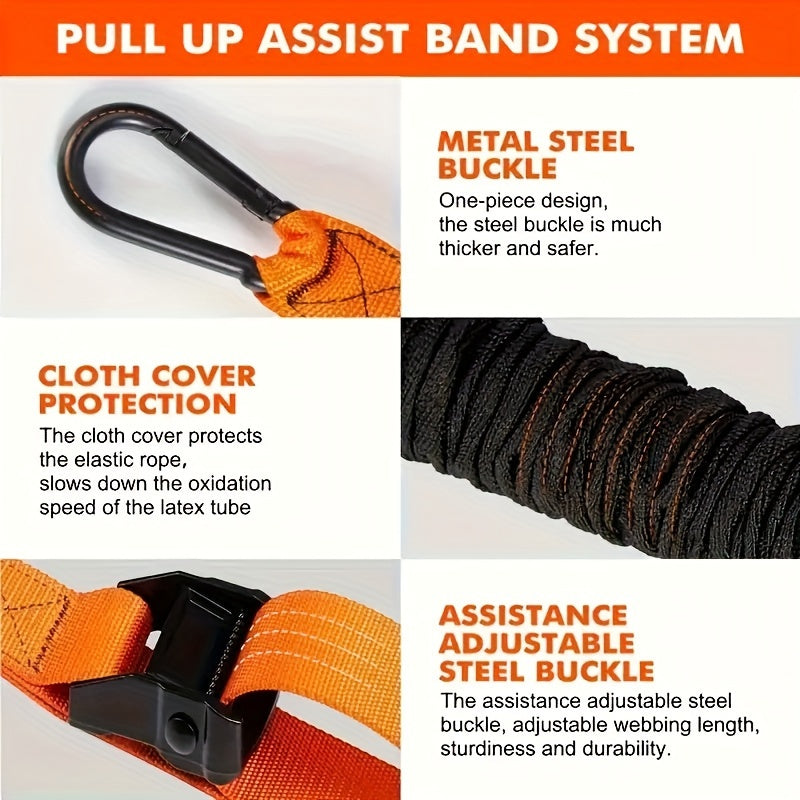 Set of 5 heavy-duty latex pull-up assist bands with adjustable resistance and knee/foot support. Capacity of 102.06KG for strength training.