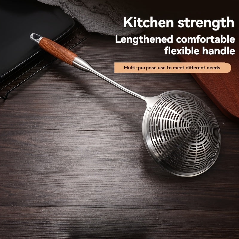 Premium Fry Cook Stainless Steel Strainer Skimmer with Wooden Handle, Durable, Dishwasher Safe, Brushed Finish, Available in Sizes 14.1cm, 16.0cm, and 18.29cm - Ideal for Kitchen Cooking Utensils