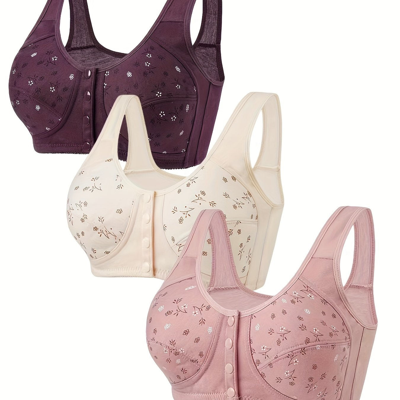 Set of 3 floral print front button wireless bras, comfortable and breathable, for women