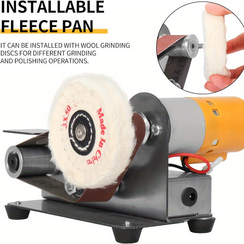 Mini electric belt sander and knife sharpener with 7-speed control, stainless steel body, includes abrasive belts and accessories. Durable construction for crafting and grinding tasks.