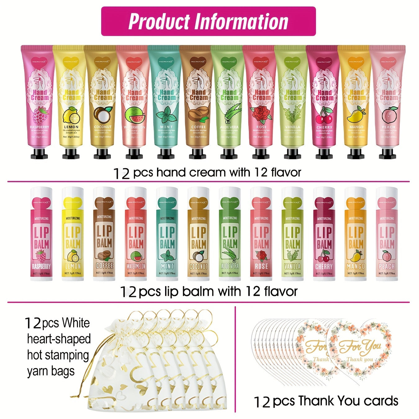 12-piece MISS FACTORX Hand Cream & Lip Balm Gift Set with hyaluronic acid and glycerin, floral-scented products in heart-shaped pouches and thank you cards, perfect for weddings, corporate