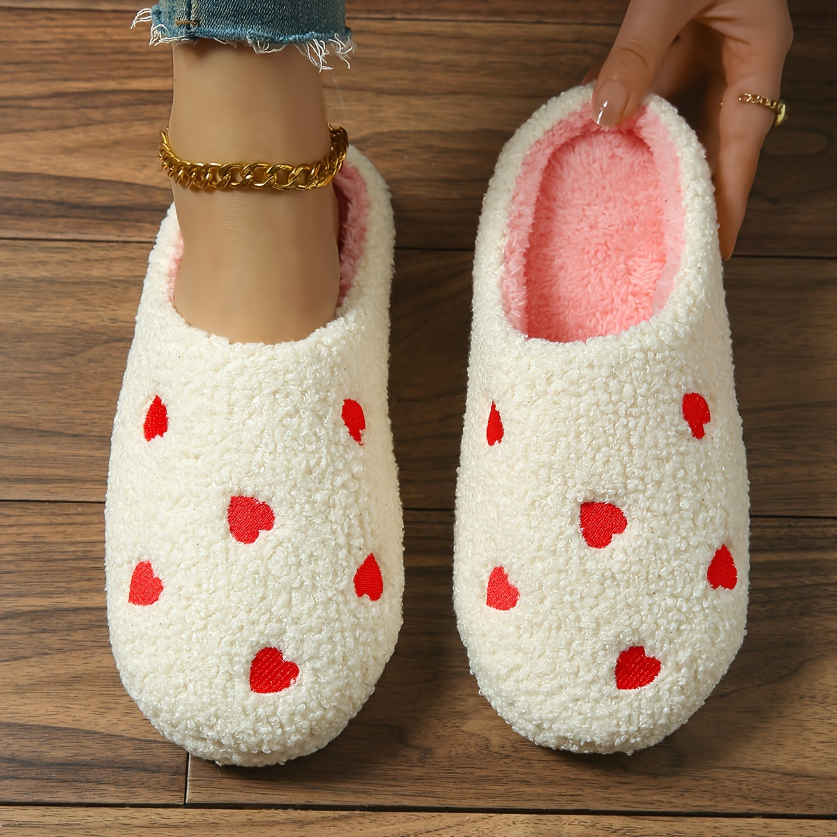 Stylish heart embroidered slippers, cozy and warm with low heel, perfect for indoor wear in all seasons.