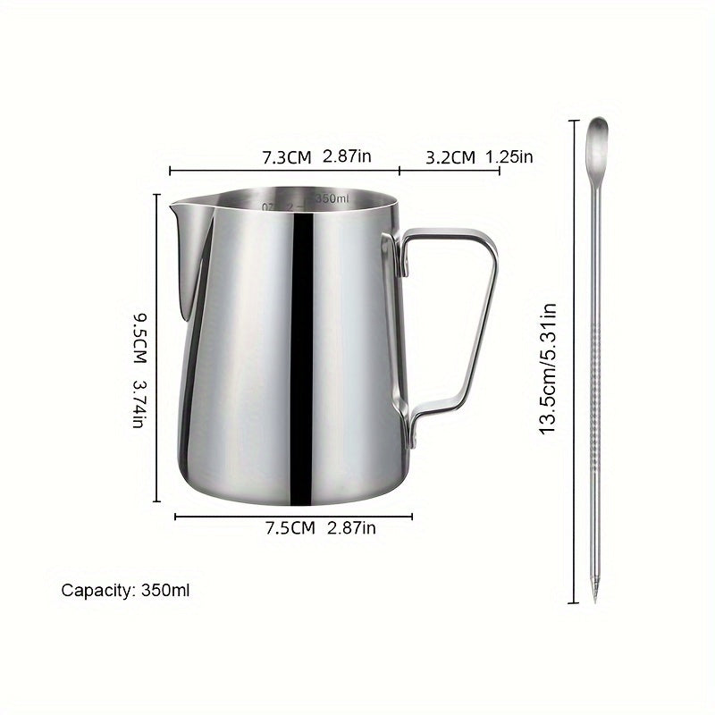 Upgrade your latte art game with our premium stainless steel milk jug. Made from thickened 304 stainless steel, this hand-pouring jug is perfect for coffee shops and kitchens. Available in silvery, white, or black, and in sizes of 350ml or 600ml.