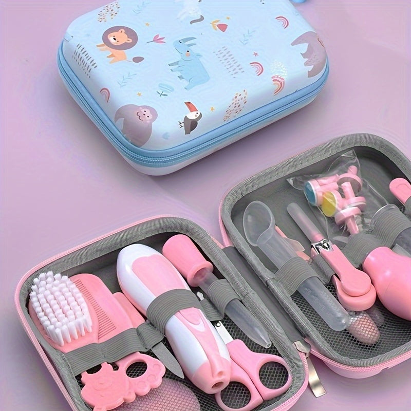 UNICHERRY 14-piece Kids Care Set: Compact Grooming & Safety Kit including Nail Clippers, Nasal Aspirator & Tongue Cleaner - Pink/Blue Silicone Essentials for Kids