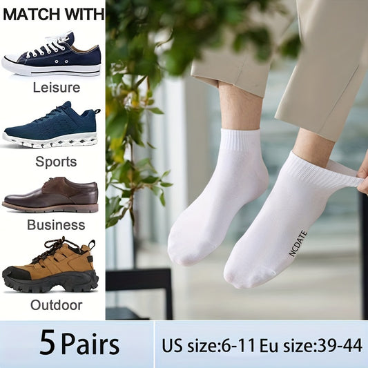 5 pairs of men's short crew socks for casual or sports use outdoors.