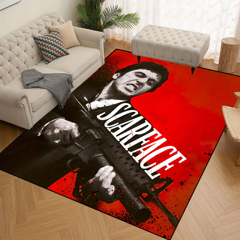 Add a touch of 'Scarface' style with this non-slip mat featuring a red background. Easy to clean and waterproof, available in multiple sizes for use in living rooms, bedrooms, entryways, outdoor patios, and gardens.