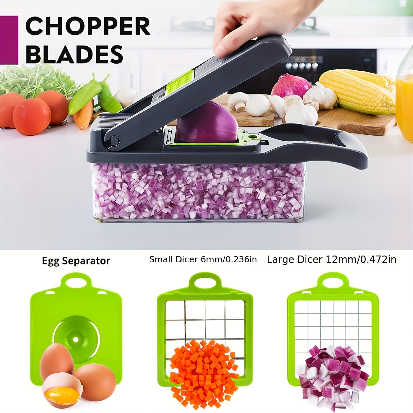 One kit containing a 13-in-1 Vegetable Chopper and Fruit Slicer with 8 blades and a container. This multifunctional manual tool can grate food, slice vegetables and fruits, mince onions, shred potatoes, and more. A must-have kitchen gadget for easy food