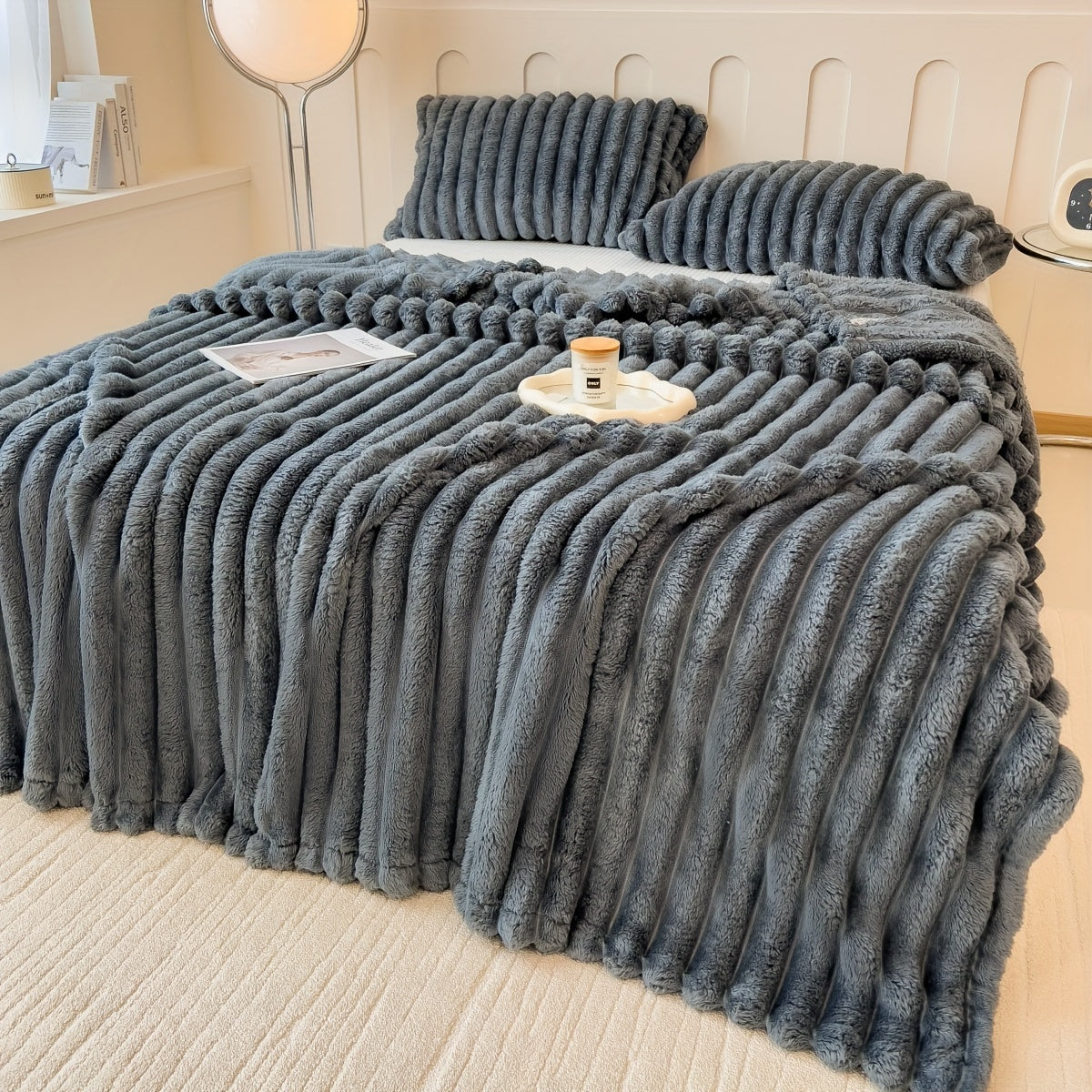 Cozy Contemporary Striped Plush Blanket made with Thickened Polyester Knit Fabric, Perfect for All Seasons. Can be used as a Bedspread, Nap Blanket, or even as a Pet Blanket. Weighs 250-300gsm.