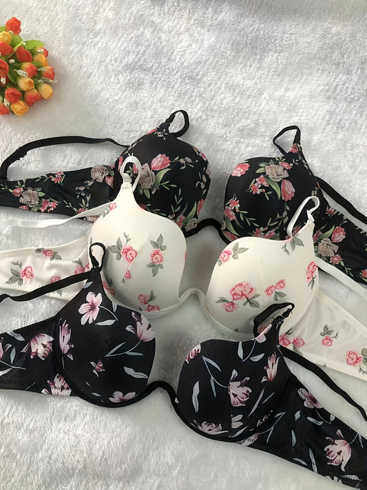 3 pack of floral lingerie bras for adults with polyester and elastane blend, knit fabric, u-shape scoop, floral pattern, non-removable padding, and underwire.