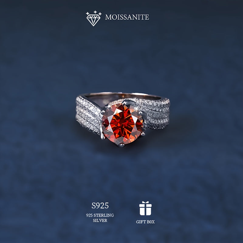 925 Sterling Silver Wide Ring with Inlaid Rare Red Moissanite, perfect for important occasions. This exquisite piece of light luxury jewelry is designed for females and comes with a certificate and box.