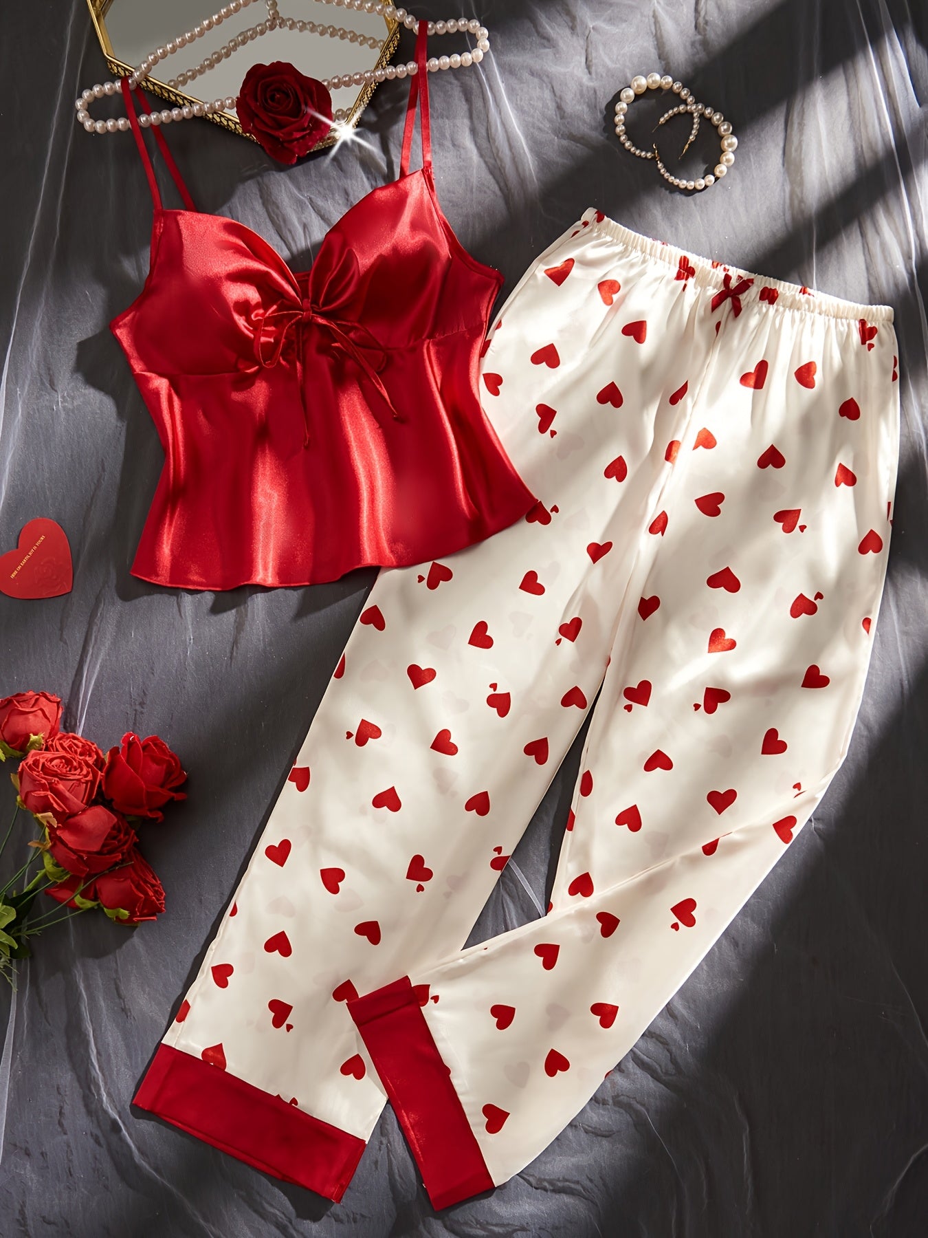 Valentine's Day Women's Sexy V-Neck Pajama Set with Red Heart Print Long Pants and Satin Camisole Top