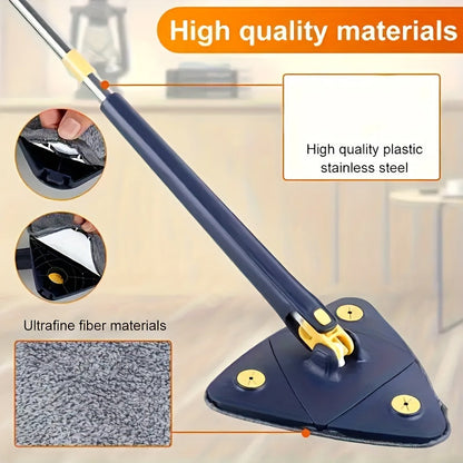 360° Rotating Triangle Mop Set with Self-Wringing System, Stainless Steel & Plastic, Long Handled Floor Cleaning Tool for Wet and Dry Use, Perfect for Living Areas, Bedrooms, Bathrooms, Kitchens, and Glass Surfaces.