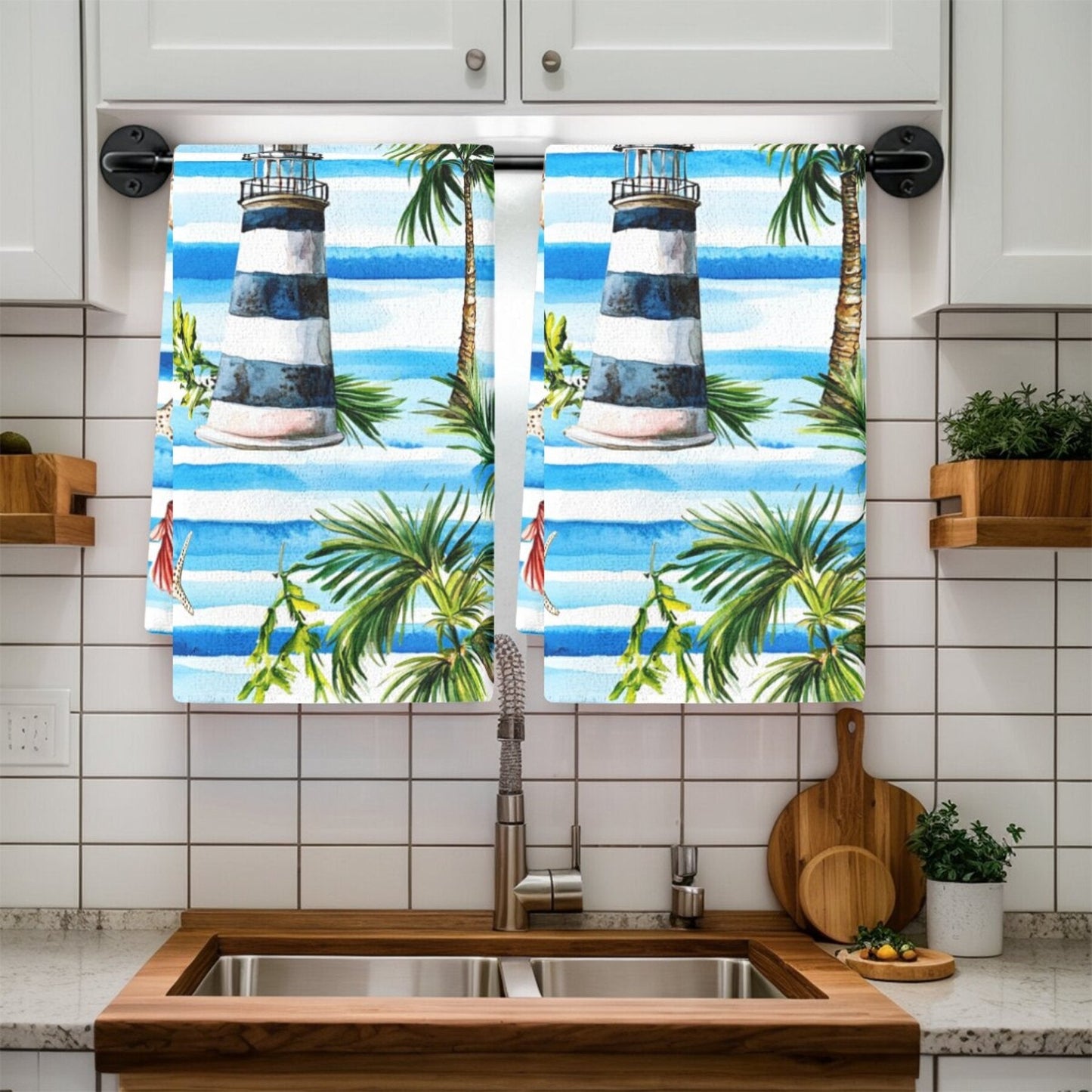 Set of 2 Tropical Lighthouse & Palm Tree Kitchen Towels - Made of Absorbent Polyester for Drying Dishes, featuring a Nautical and Beach Design. Perfect for Home Decor or Housewarming Gifts, but Hand Wash Only.