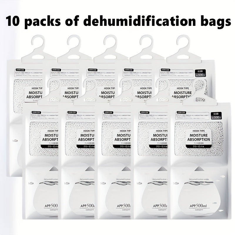 Package includes 10 hanging moisture absorbing bags with 16.91oz desiccant for preventing mold and absorbing moisture. Perfect for use in cabinets and wardrobes. These reusable dehumidification bags are suitable for dormitories and everyday use.