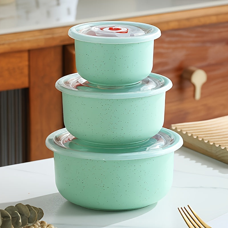 Set of 3 round plastic storage containers with leak-proof, reusable, multipurpose flip-top lids for kitchen organization. Made of wheat straw material, these fresh-keeping bowls are perfect for storing grains, fruits, vegetables, and meals. Easy to hand