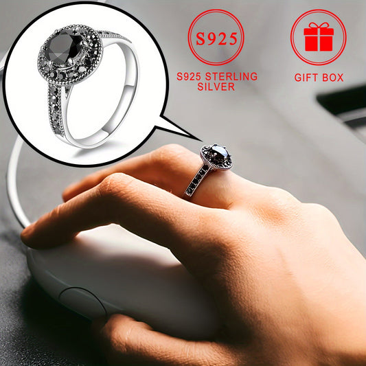 Vintage-Inspired Black Cubic Zirconia Sterling Silver Ring - Elegant and Versatile for Daily Wear or Gifting, Comes with Gift Box, Ideal for Wedding Day