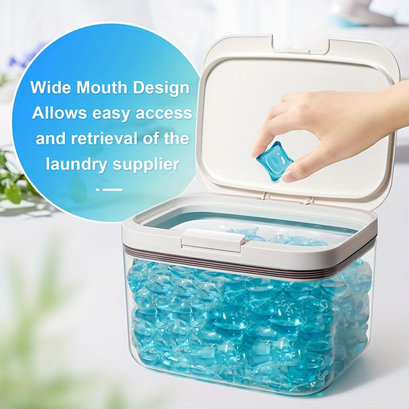 Organize your laundry pods with ease using this convenient Laundry Pod Dispenser Container. Made from transparent PET plastic, this storage organizer features a one-press button lid for easy access, a leakproof design, and a measuring cup for precise