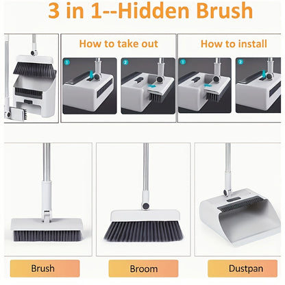 3-in-1 foldable broom and dustpan set with unflagged bristle sweep brush suitable for multi-surface cleaning in home and dorm rooms.