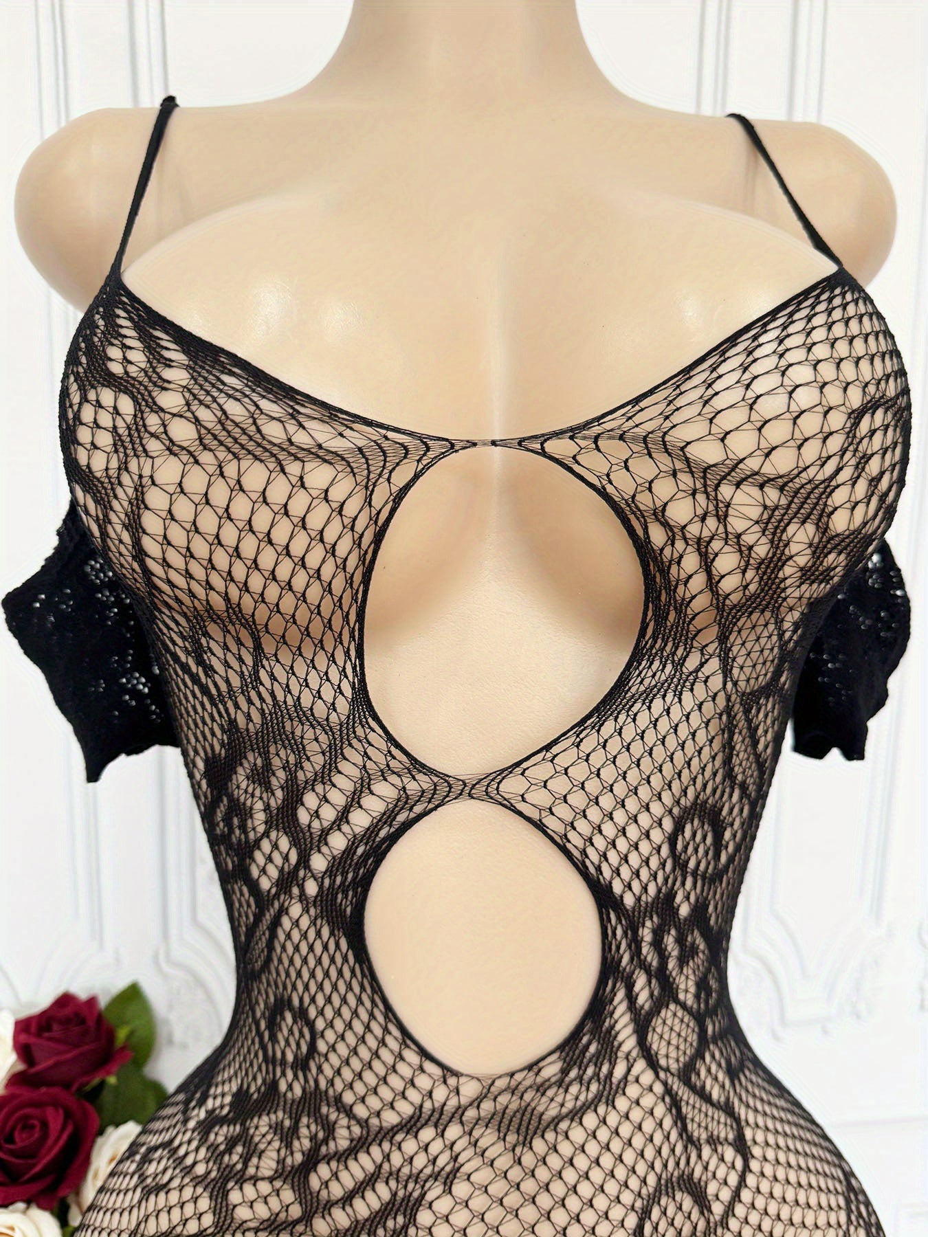 Sexy bodysuit with see-through lace fishnet and crotchless design, perfect for Valentine's Day or anniversary gifts. Ideal for women looking for novelty clothing or sexy underwear.