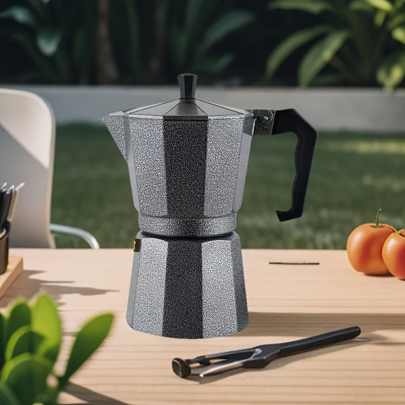 An array of Middle Eastern mocha coffee pots with a black background design, along with Italian-style aluminum pots, coffee cups, and a complete coffee set.