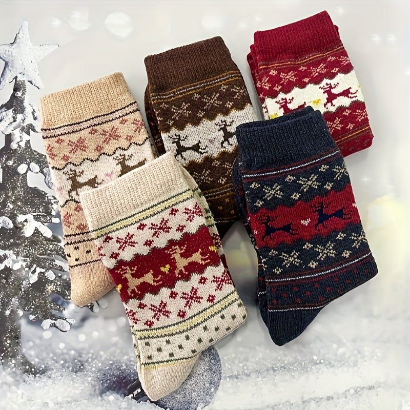 Women's Festive Christmas Reindeer & Snowflake Design Cozy Thick Socks - Set of 3 Pairs in Mixed Colors