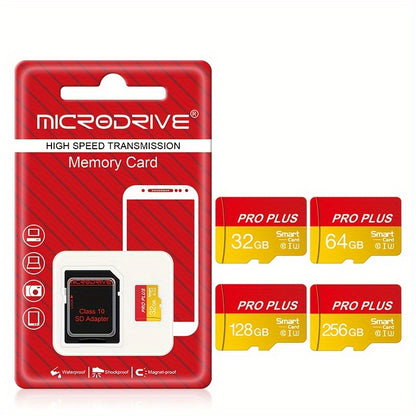 256GB Class10 U3 UHS-I TF memory card for 4K HD with SD adapter in yellow and red.