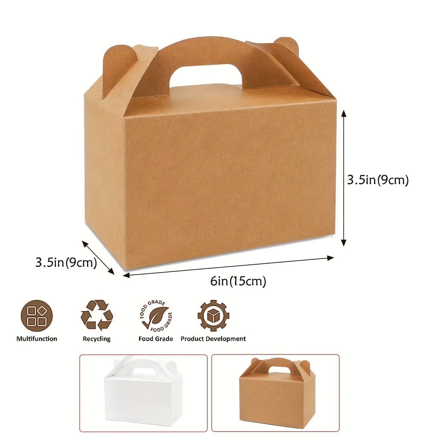 Set of 12 Kraft paper cake boxes measuring 15.24cmx8.89cmx8.89cm. Ideal for bakery items such as cakes, chocolates, cookies, pies, and other pastries. Perfect for use as birthday party favors or wedding party gifts. Can also be used as baking tools