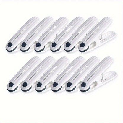 A set of 12 windproof clothespins for air drying clothes, socks, and underwear. Can also be used as fixed pins for clipping household items. These small clips are made of plastic and are also great for sealing food and snack bags, holding photos, and