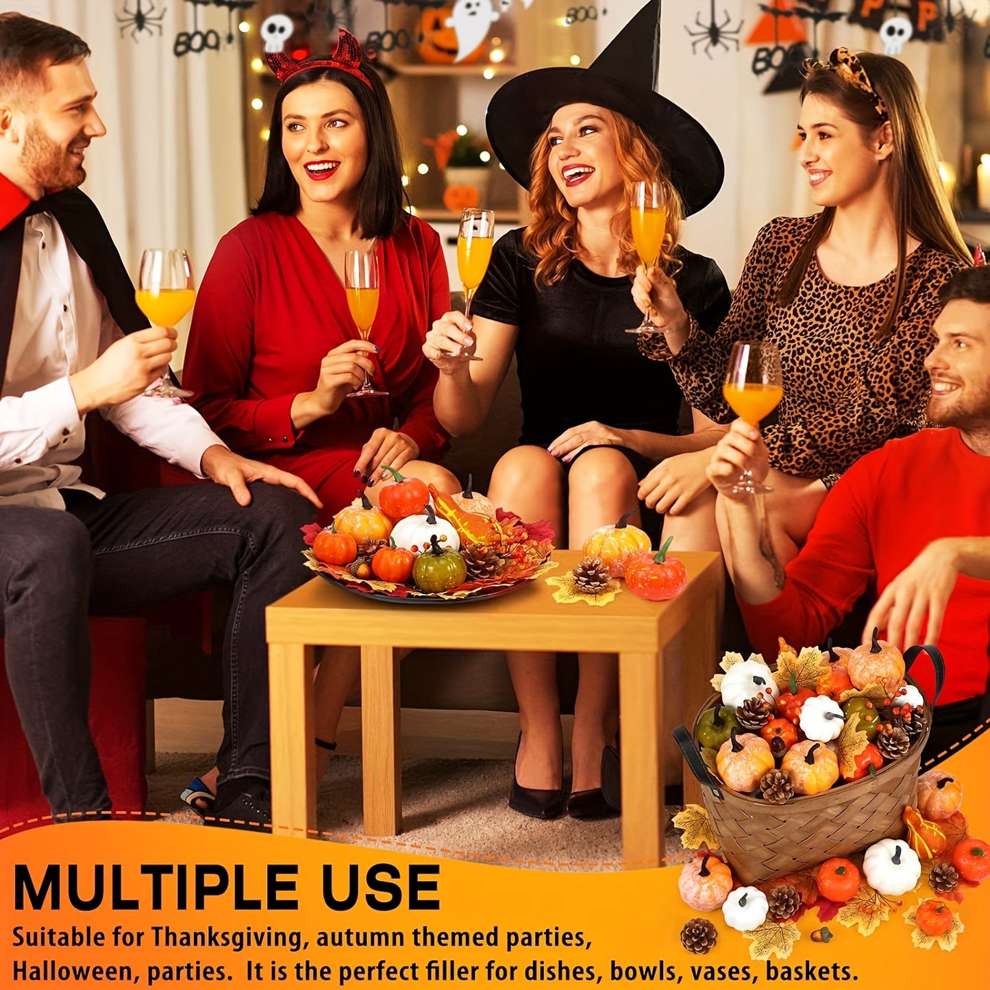 48-piece Autumn Harvest Decor Set featuring artificial pumpkins, gourds, acorns, maple leaves, and pinecones for Thanksgiving, Halloween, and wedding accents. Perfect for fall home decor.