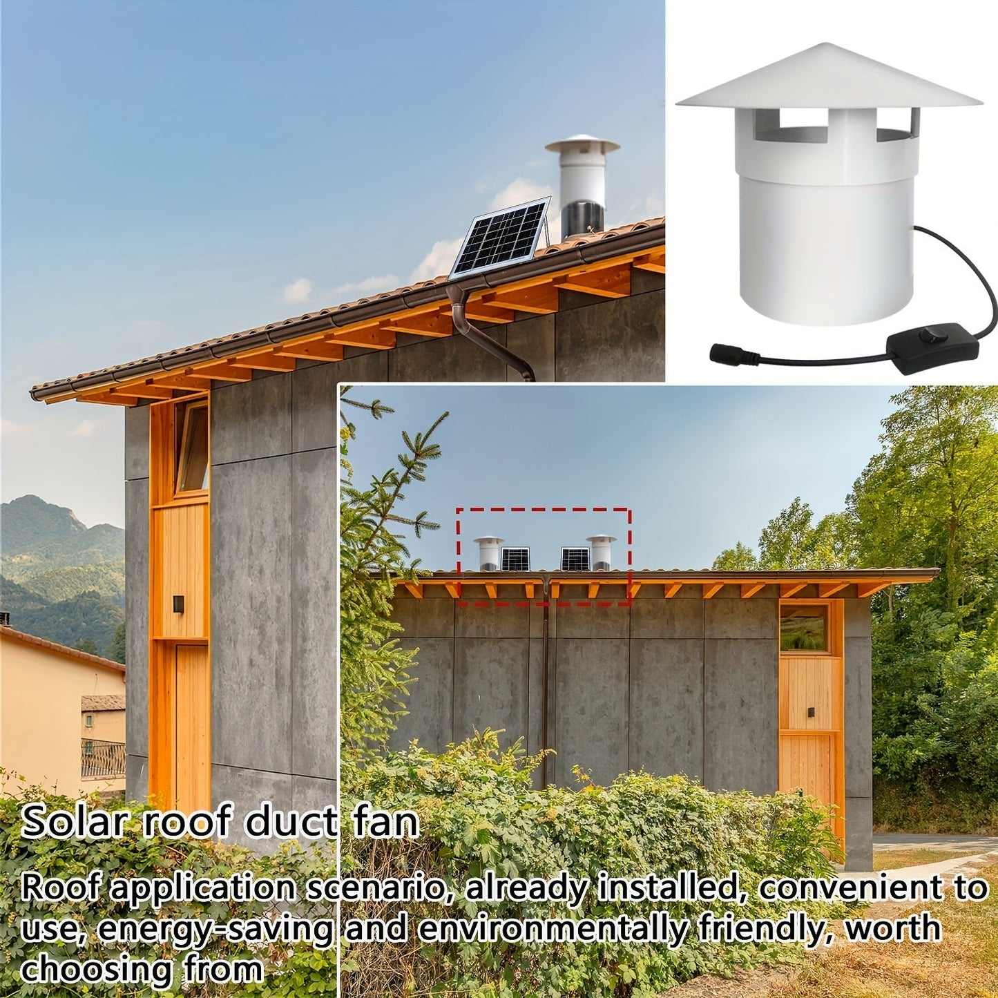 12V Roof Ventilation Fan powered by solar energy, featuring a high-speed 110/160 exhaust fan, remote control, button switch, polished plastic finish, and multiple components for air circulation. Suitable for both indoor and outdoor use.