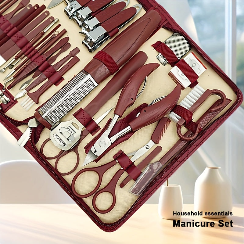 42-piece stainless steel nail clipper set with zipper case featuring diamond pattern design, including large eagle mouth pliers, pedicure knife, ear scoop, and eyebrow trimmer.