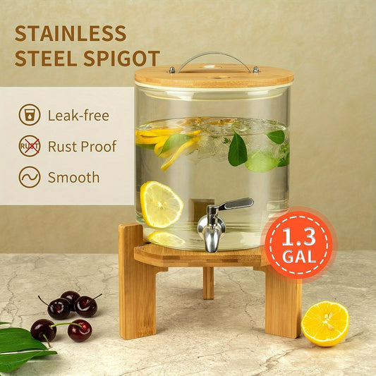 Glass Beverage Dispenser Set includes 1 piece 5 liter drink dispenser with stand, perfect for parties, picnics, and year-round use. Upgrade your kitchen with this stylish and functional drinkware set, also great for back to school season.