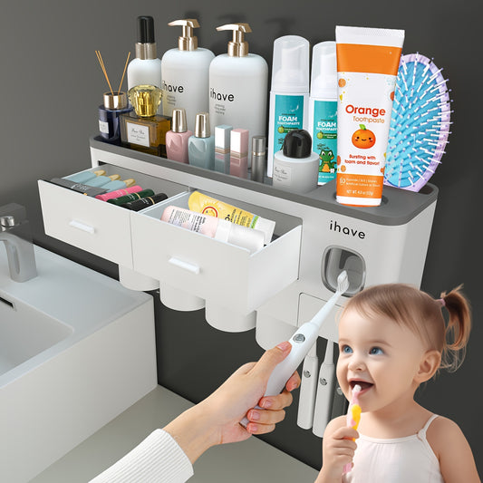 Kids Toothbrush Holder with Toothpaste Dispenser - Wall-Mounted, White Plastic Bathroom Organizer