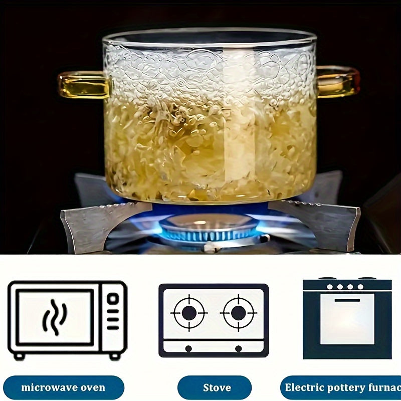 Heat-resistant borosilicate glass saucepan with a 1.5L capacity and lid. This clear stovetop glass cooker pot is dishwasher and oven safe. It is a non-patterned cooking pot suitable for making soup, stew, and sauce, holding up to 52 oz (1500 ml).