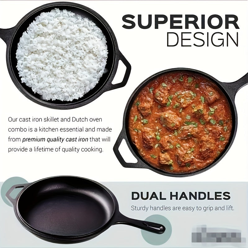 Black 1PC Cast Iron Combo Cooker, Pretreated Stew Pans and Frying Pans with Non-Stick Coating and Heat-Resistant Handles