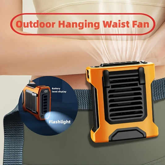 Multi-functional USB charged fan with 8000mAh battery, suitable for indoor and outdoor use. Features include 4-speed high wind settings, a neck rope and belt for portability, and a 5W power lithium battery. Made of durable plastic material, perfect for