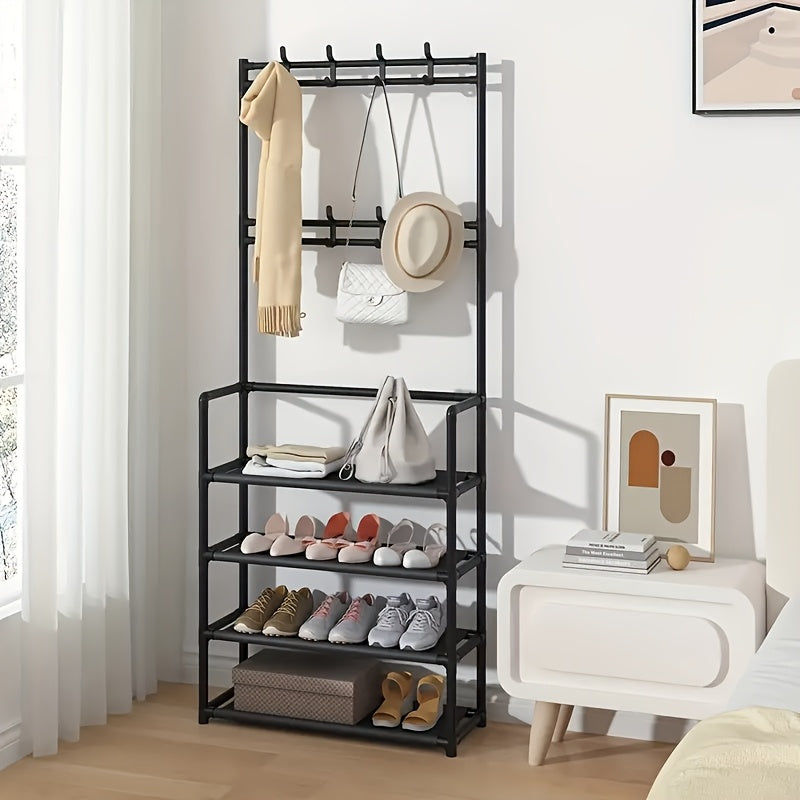 Freestanding Metal and Plastic Shoe Rack with 4/5 Tiers, 8 Hooks, and 2.27 KG Weight Capacity - Black/White Shoe and Clothes Organizer, Easy to Assemble.