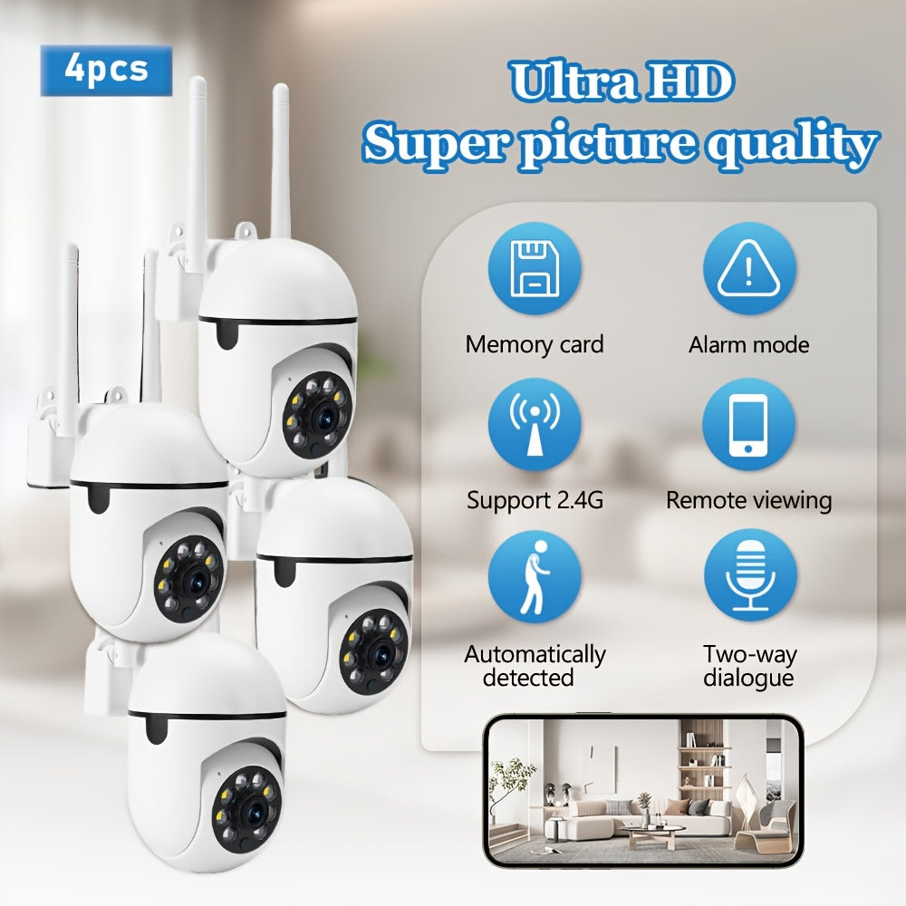 HD Security Camera System with 4 cameras, PTZ, Two-Way Audio, Night Vision, Smartphone Compatible, USB Powered, Wi-Fi enabled. Ideal for home security, suitable for ages 14 and up.