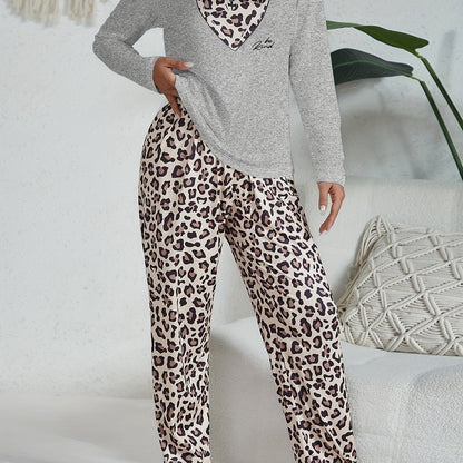 Casual leopard pajama set with long sleeve heart print top and pants for women's sleepwear and loungewear.