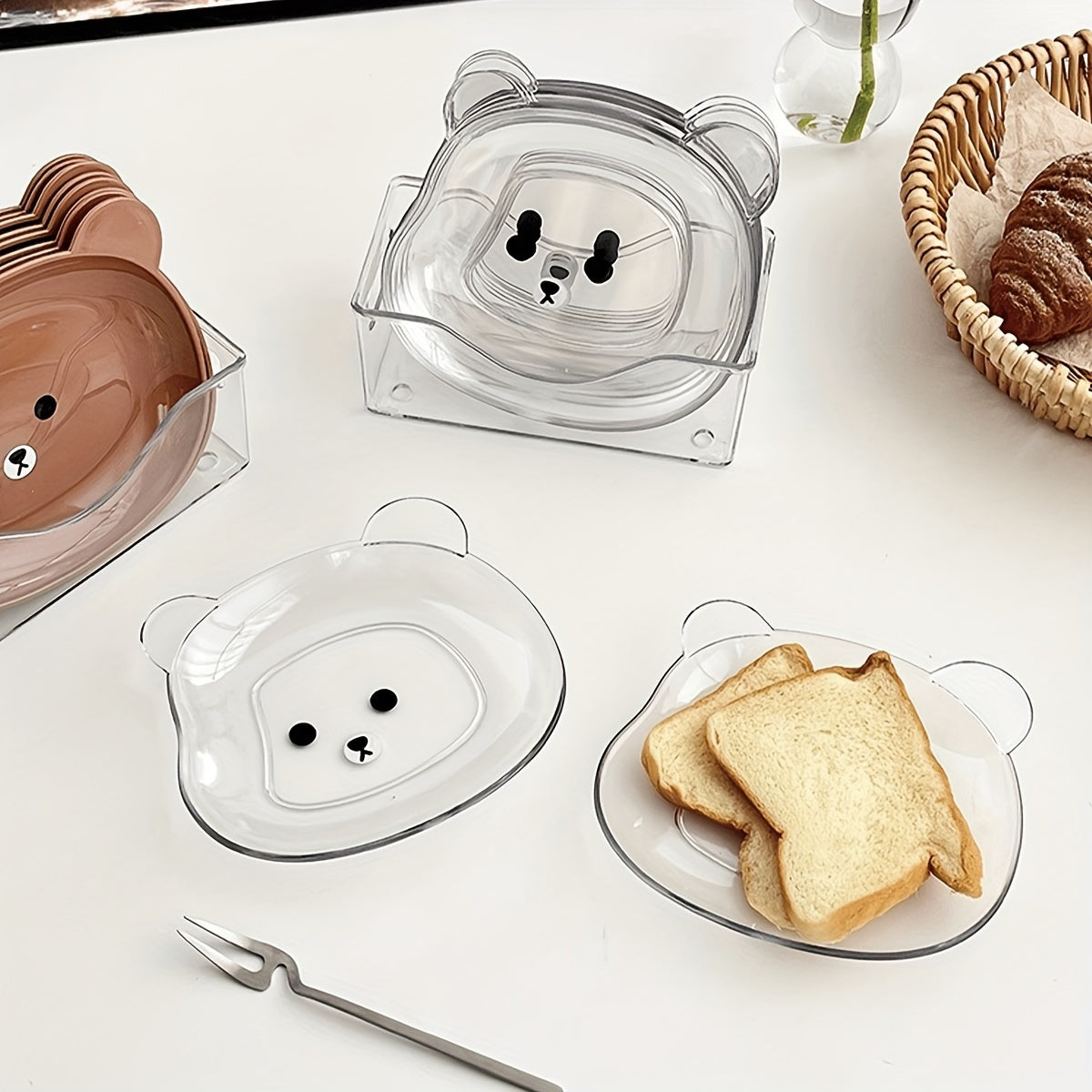 2 adorable bear cartoon PET plates for snacks and meals - durable kitchen essential.