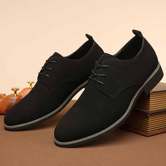 Casual lace-up men's black dress shoes with a durable PU upper, rubber sole, and comfortable pointed toe for casual attire.