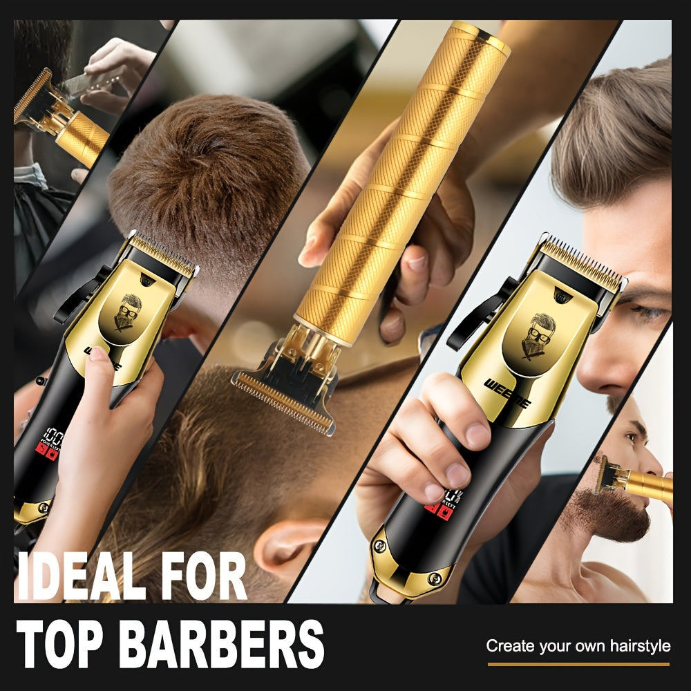 Golden hair cutting set for men includes professional clipper, razor, and trimmer. USB rechargeable with LCD display. Perfect gift for fathers, boyfriends, Father's Day, birthdays, and