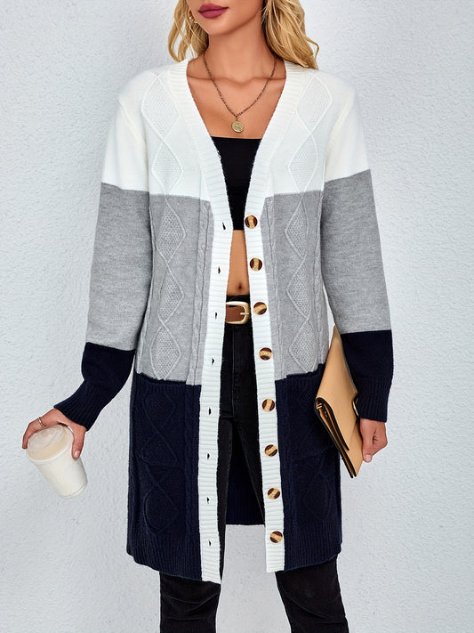 Elegant V Neck Color Block Cardigan for Women